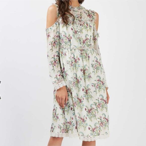 Topshop Cold Shoulder Midi Dress Frayed Lace Boho Floral Long Sleeve Cream 6 - Picture 1 of 9